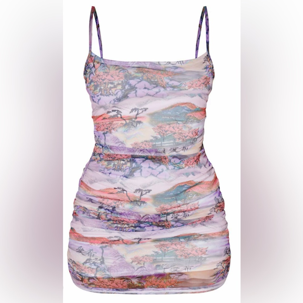 Lilac Mesh Ruched Strappy Bodycon Dress